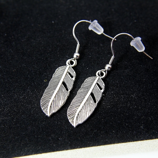 Silver Feather Charm Earrings, Miniature Earrings, Bird Feather Charm, Leaf Earrings, Leaf Charm, Spring Gift, Womens Gift N947