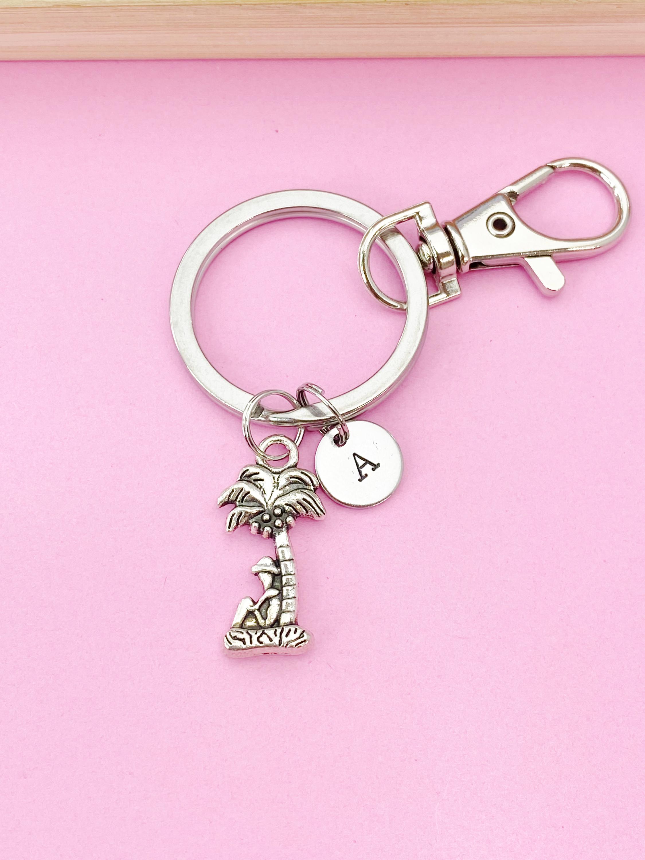 Silver Palm Tree Keychain, Initial Charm, Tropical Keyring - Etsy