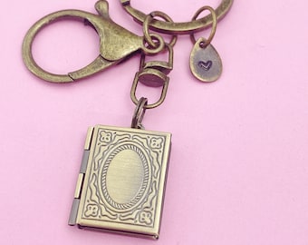Bronze Book Locket Keychain, Personalized Initial Charm