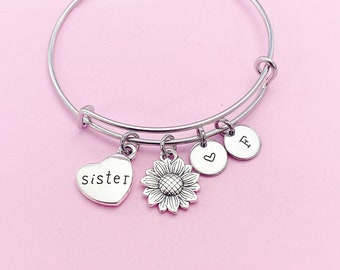 Silver Sister Bracelet, Sunflower Charm, Sister Charm, Heart Charm Bracelet, Sister Gift, Personalized Gift, AN270
