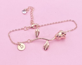Rose Gold Rose Charm Bracelet, June Birthday Jewelry Gift, N172E
