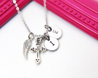 Angel Gift, Guardian Angel, Angel Wing Cross Necklace, Good Luck Charm, Memorial, Condolences, Gift, Personalized Initial Gift, N4443