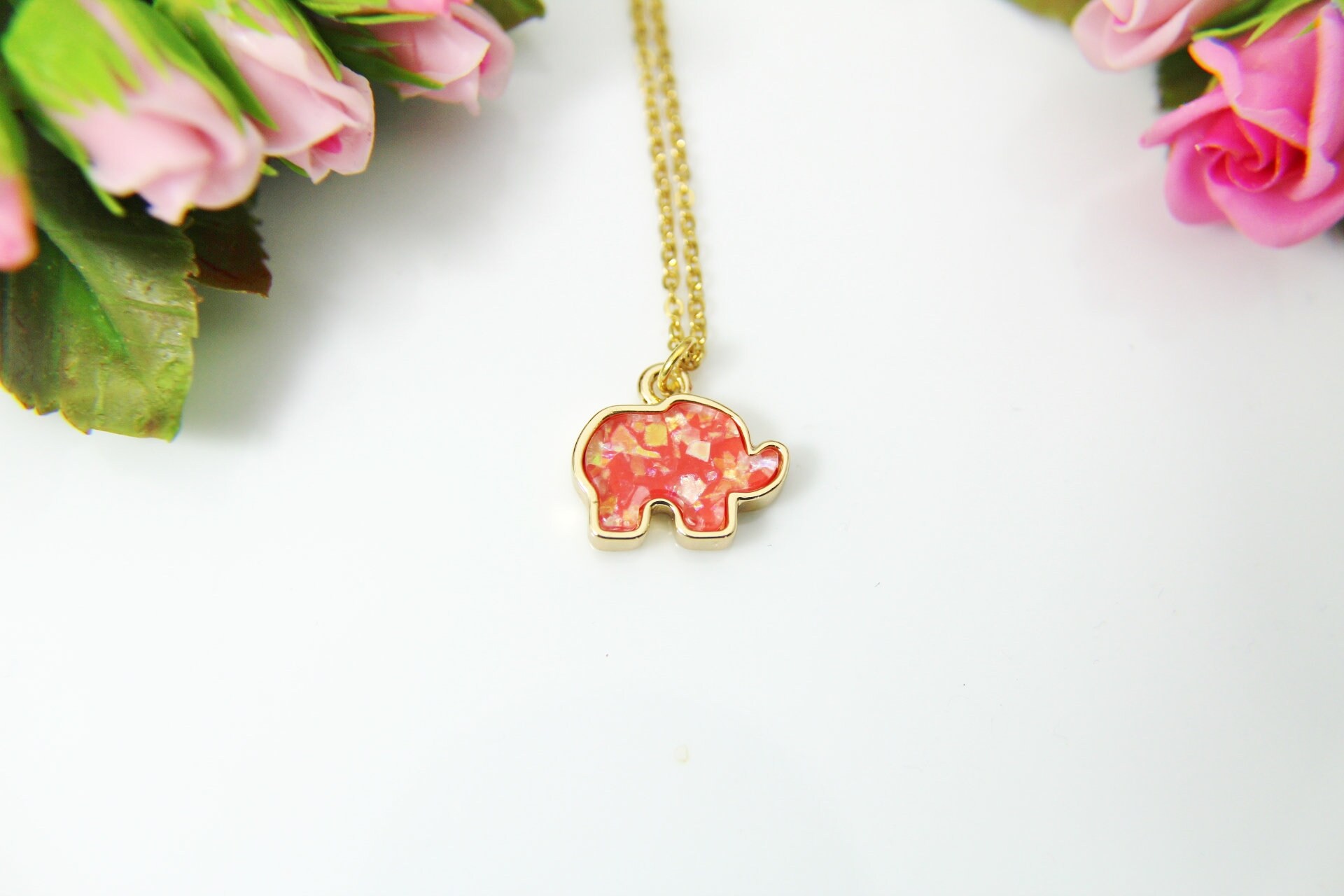 Gold Elephant Charm Necklace Elephant Red Imitation Opal Etsy UK