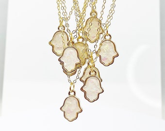 Gold Hamsa Necklace, Hand Charm, Opal Hamsa Charm, White Imitation Opal Charm, Personalized Gift, N1484-A