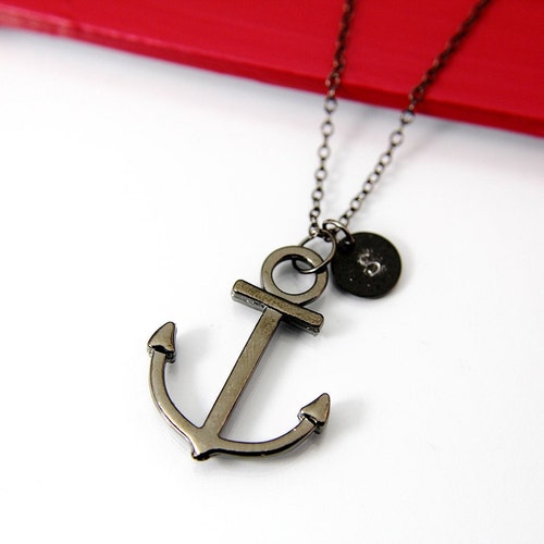 Black Anchor Pendant Necklace Mens 