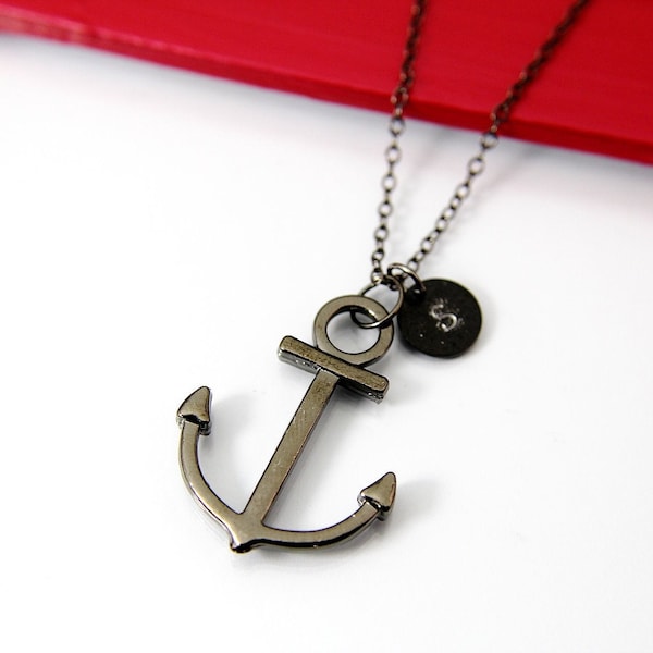 Black Anchor Pendant Necklace,  Mens Necklace, N2037