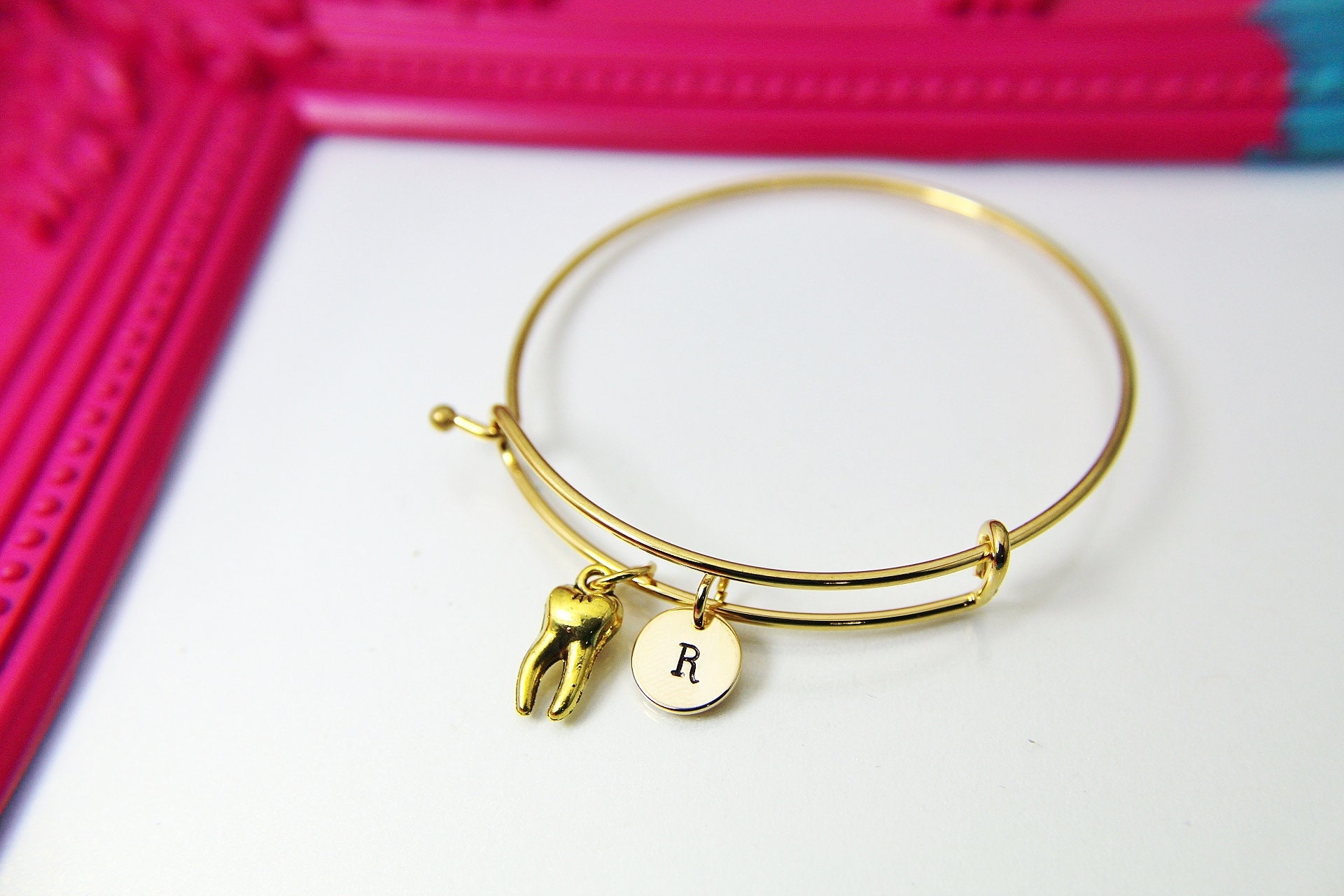 Gold Tooth Charm Bracelet Tooth Charm Bangle Dentist Gift Etsy