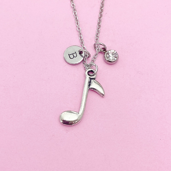 Silver Music Note Necklace, Initial Charm, Personalized Musician Gift