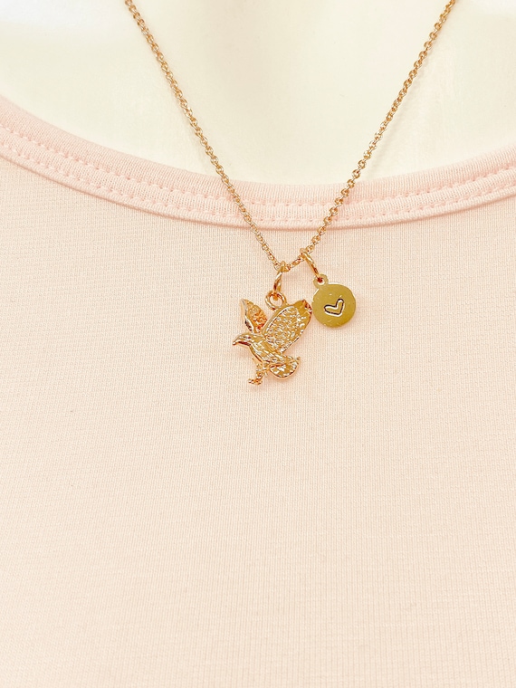 Gold Flying Eagle Charm Necklace, Personalized Initial, Custom