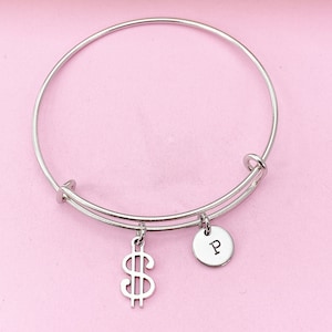 Silver Money Dollar Sign Charm Bracelet, Money Dollar Symbol Rich, N4621A