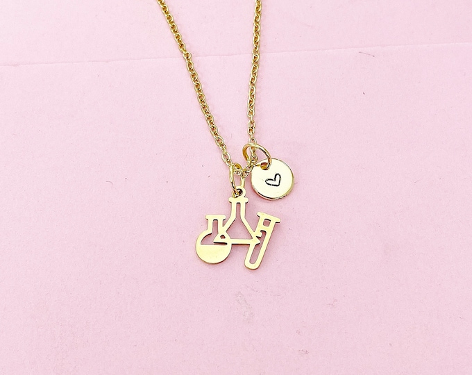 Gold Beaker Necklace, Science Teacher Gift, Initial Charm