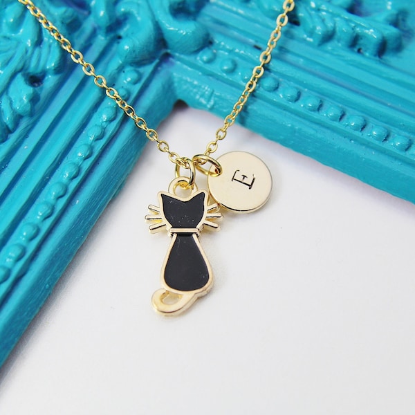 Black Cat Necklace, Gold or Rose Gold Black Cat Charm, Animal Charm, Pet Gifts, Personalized Gift, N3364