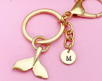 Gold Mermaid Tail Keychain, Personalized Initial Charm