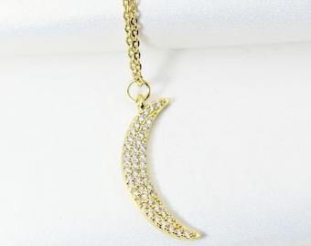 Crescent Necklace, Gold Crescent Moon Charm, CZ Diamond Jewelry, Dainty Necklace, Delicate Minimal Necklace, Mothers Day Gift, G043