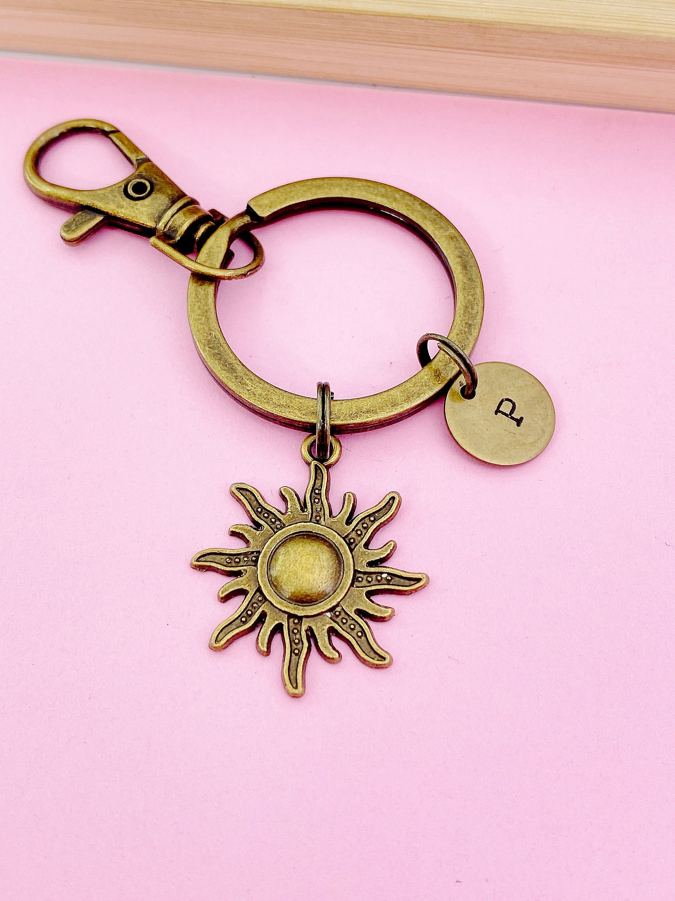Bronze Sun Charm Keychain, Personalized Initial Monogram - Etsy