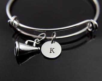 Cheerleader Charm Bangle Cheerleader Bracelet Megaphone Charm Bangle Cheerleader Charm Cheer Charm Cheer Gift Personalized Initial Bracelet