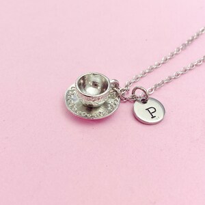 Cup and Saucer Teacup Necklace in Silver, Tea Party Gift, N811 image 3