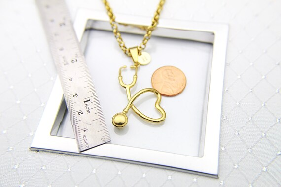 Large Gold Stethoscope Heart Charm Necklace Doctor Nurse Medical