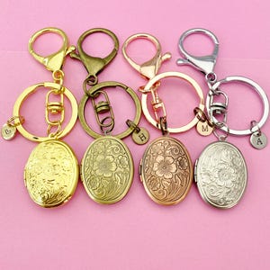 Silver Gold Bronze or Rose Gold Flower Locket Initial Keychain, N4922A
