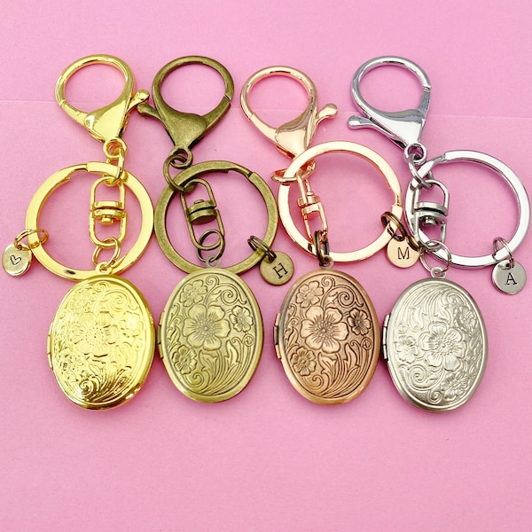 Silver Gold Bronze or Rose Gold Flower Locket Initial Keychain, N4922A