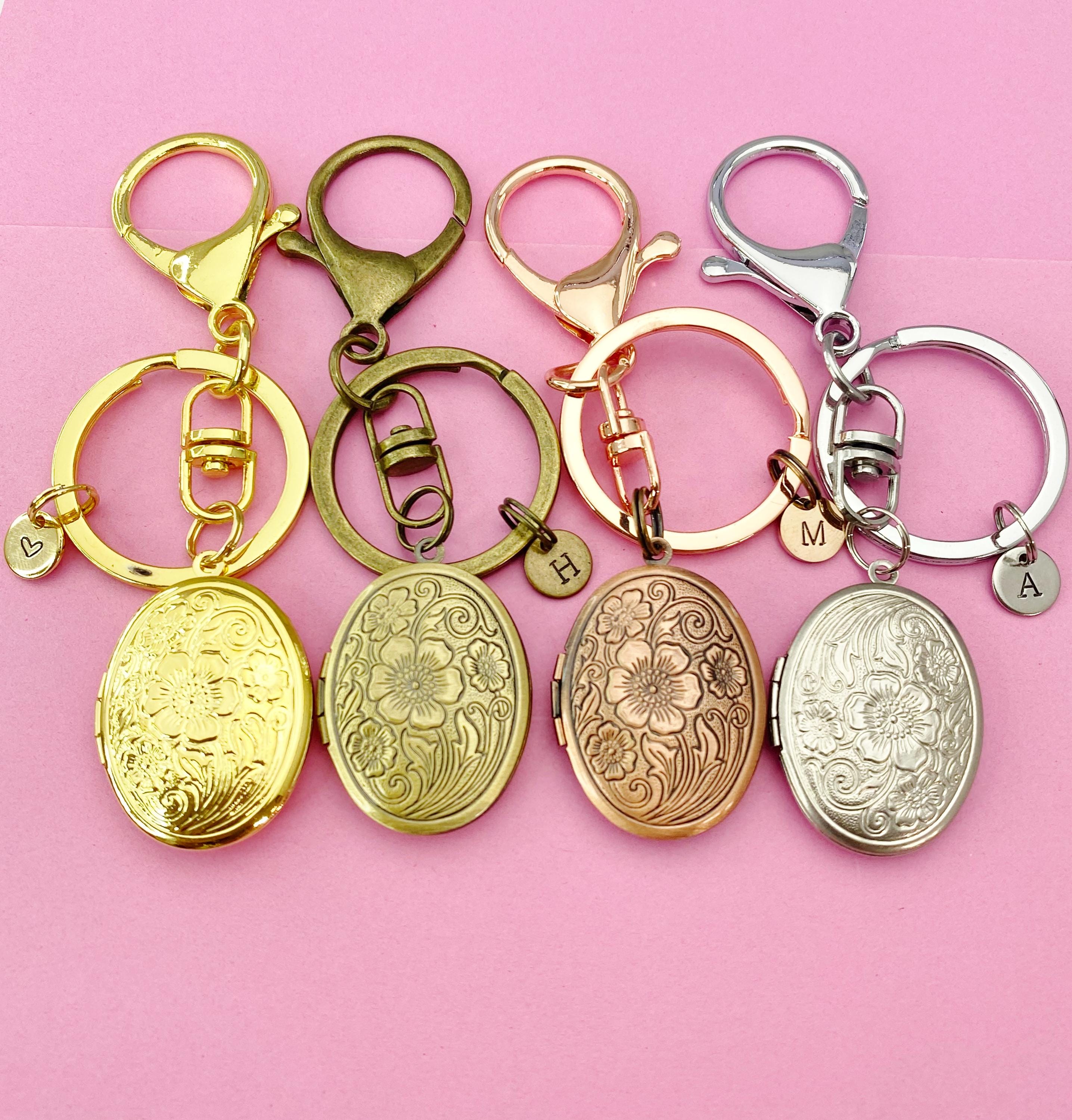 Silver Gold Bronze or Rose Gold Flower Locket Initial Keychain, N4922A