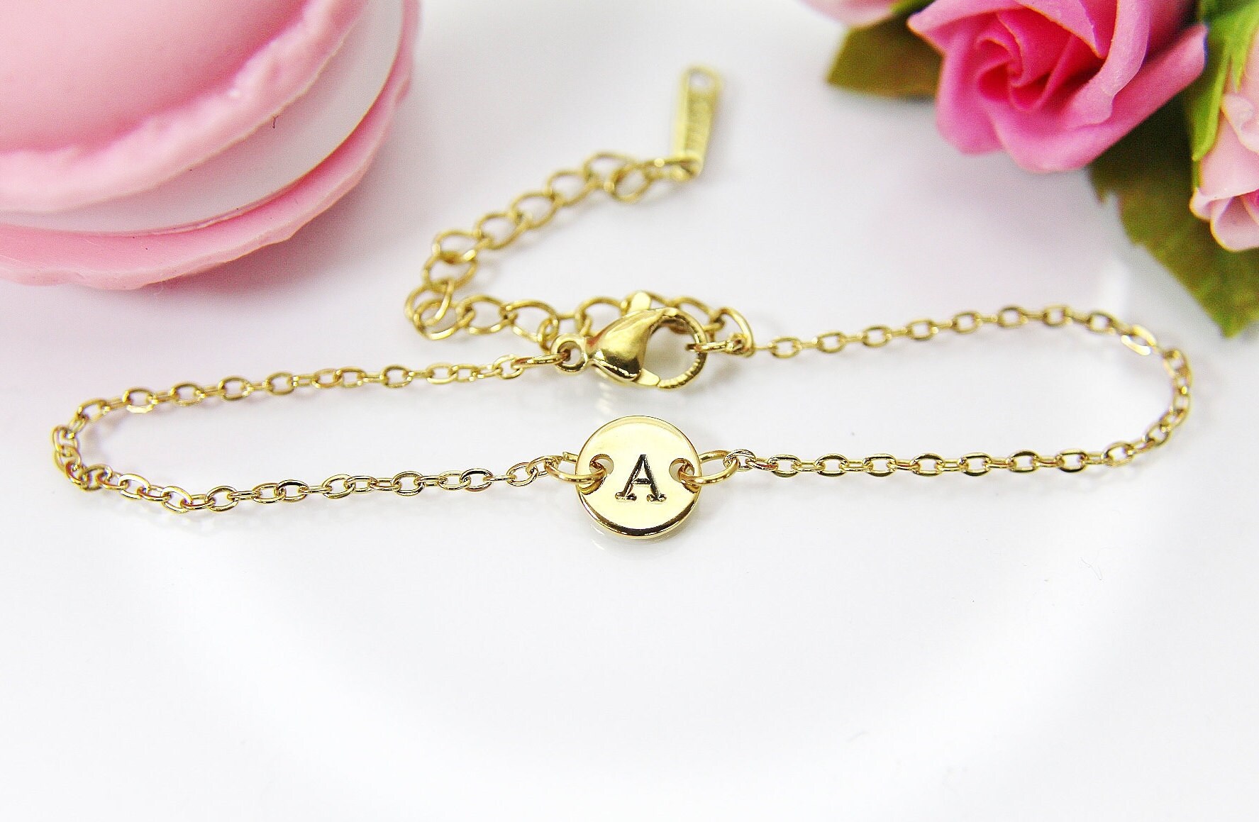 Initial Bracelet 18K Real Gold Plated Letter Charm Dainty Etsy
