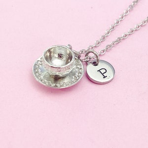 Cup and Saucer Teacup Necklace in Silver, Tea Party Gift, N811 image 1
