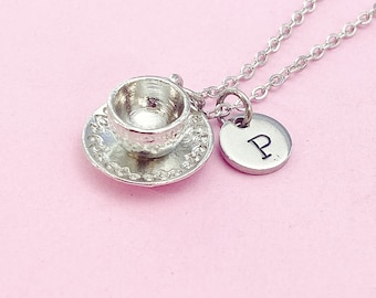 Tea Cup and Saucer Necklace in Silver, Tea Cup Jewelry, Tea Party Gift, N811