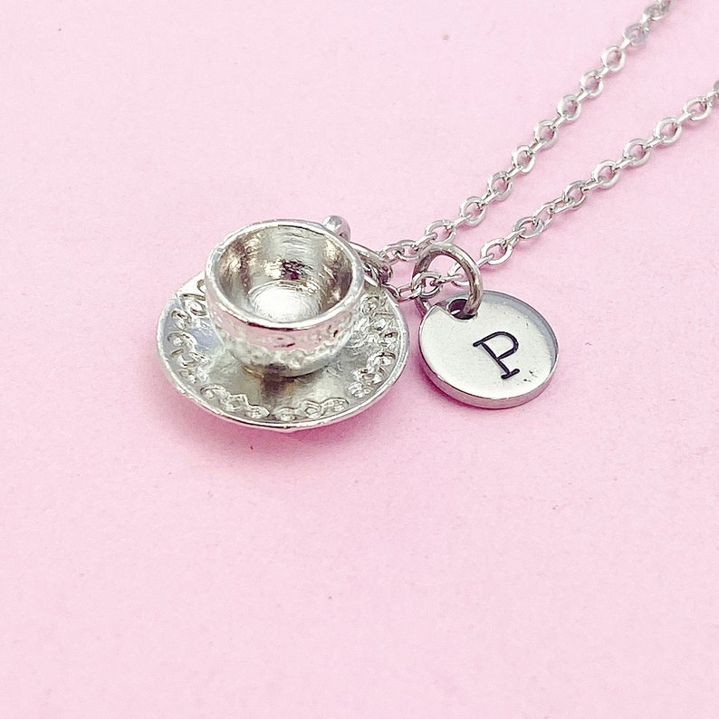 Cup and Saucer Teacup Necklace in Silver, Tea Party Gift, N811 image 1