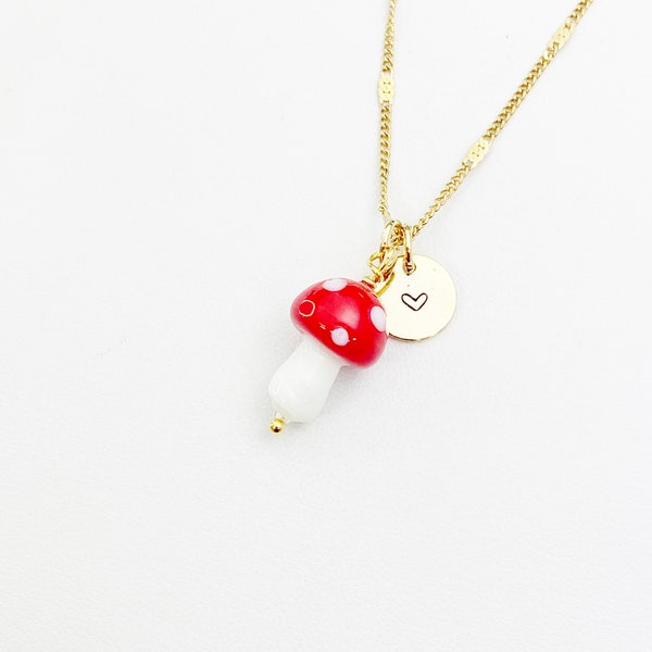 Mushroom Necklace, Red Mushroom Charm, Valentine Gift, Birthday Gift, Personized Initial Necklace, N5037