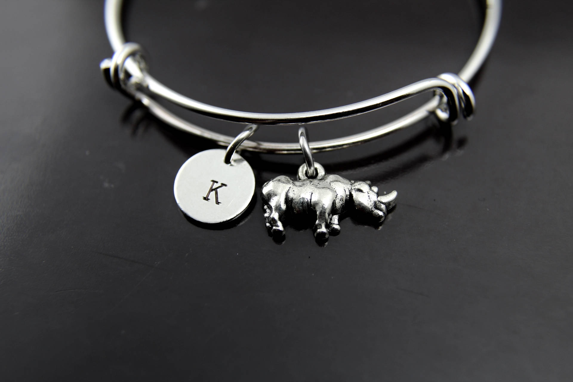 Rhino Charm Bracelet, Antique Silver, Initial Bracelet, Friendship