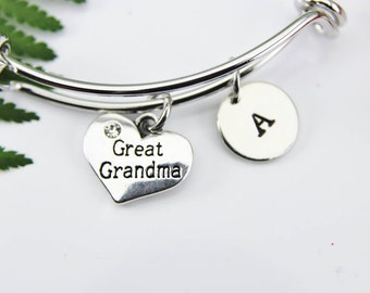 Great Grandma Charm Bangle, Great Grandma Bracelet, Heart Charm, Personalized Bracelet, Expandable Bangle, Initial Bracelet, Monogram