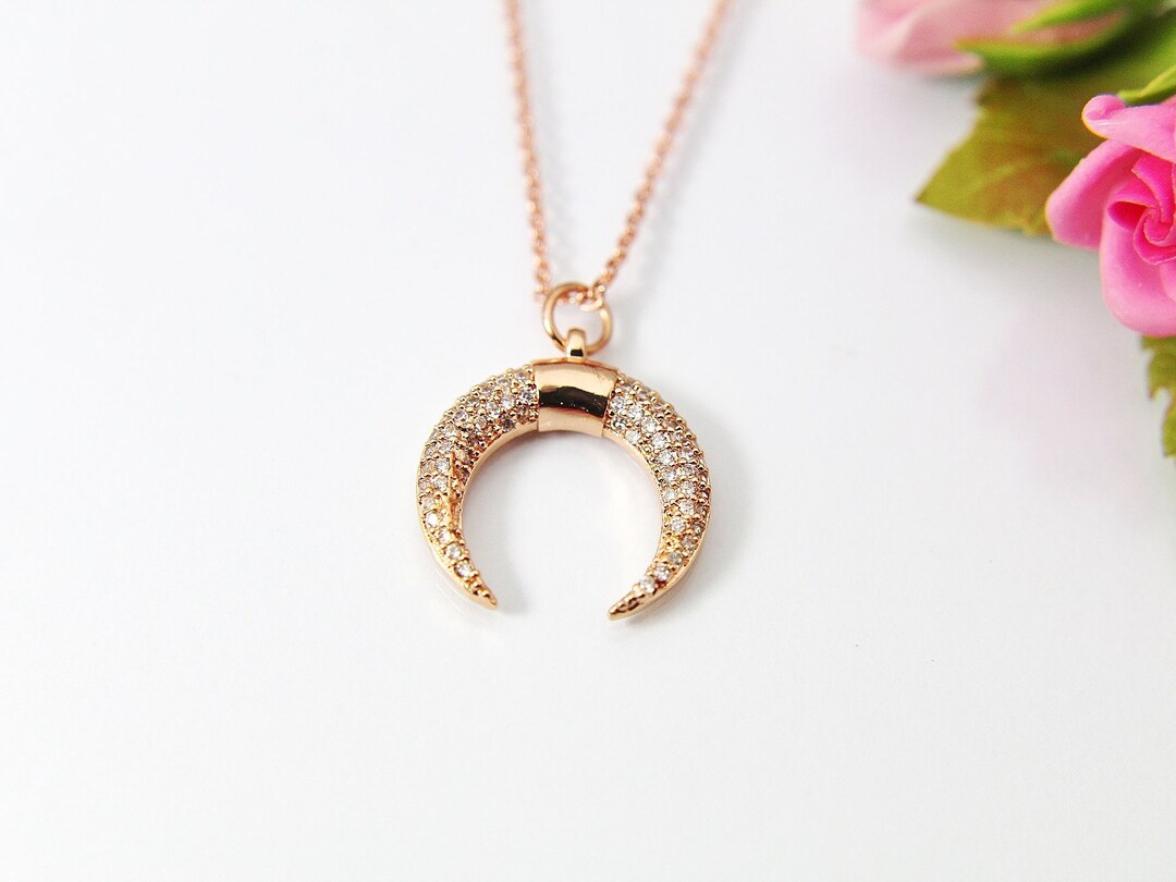Rose Gold Half Moon Necklace Crescent Moon Necklace Double Horn