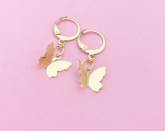 Gold Butterfly Dangle Earrings, Stainless Steel Lever Back, N2710