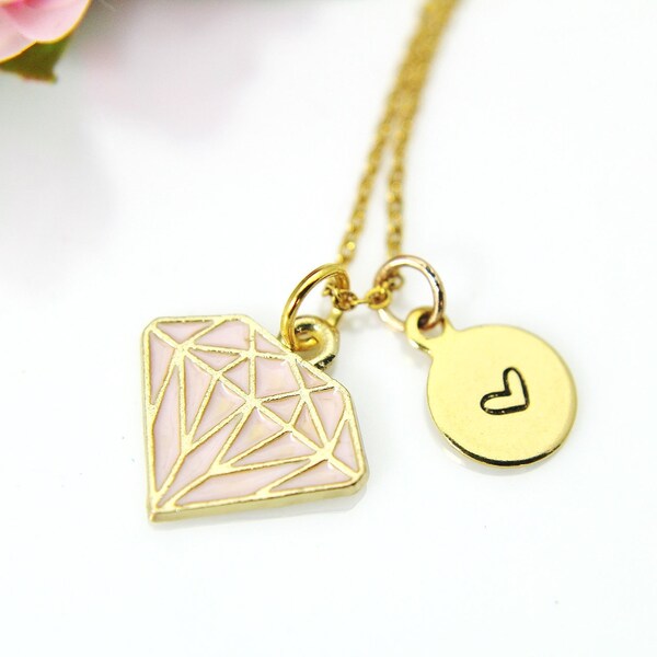 Gold Diamond Charm Necklace, Gold Diamond Shaped Charm, Pink Rose Diamond Charm, Geometric Jewelry, Personalized Gift, Christmas Gift, N606