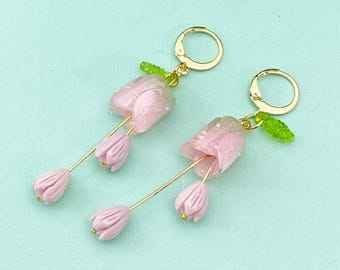 Gold Pink Rose Pikake Flower Charm Earrings, N6006
