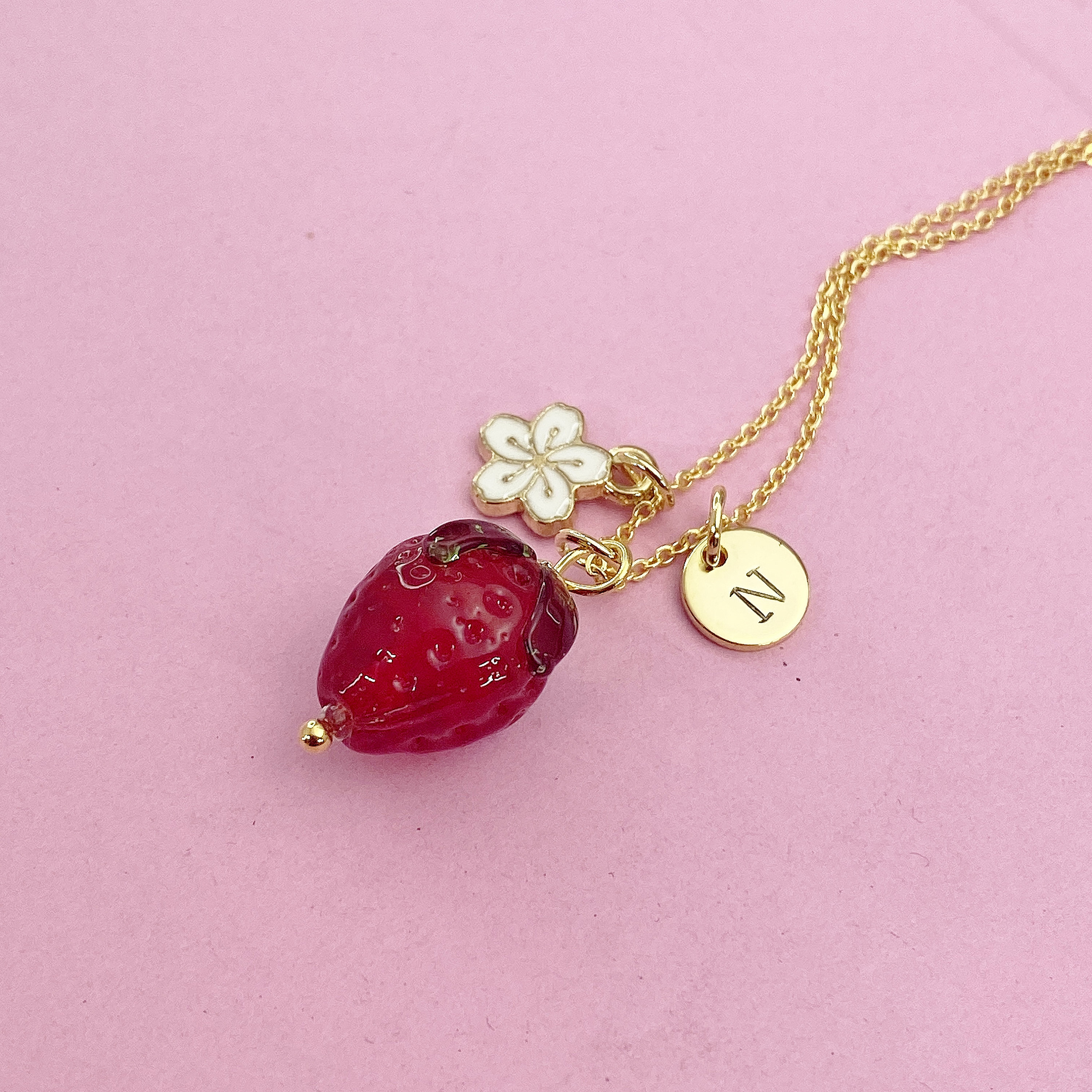 Gold Strawberry Necklace, Handmade Lampwork Strawberry Charm