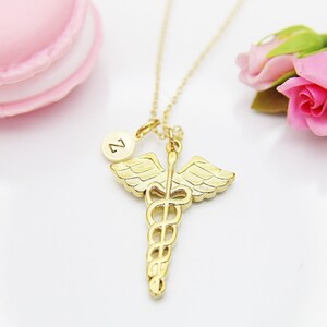 Gold Caduceus Necklace, Doctor Nurse Medical Student Graduation Gift, Christmas Gift, Thank You Gift, Mom Gift, Aunt Gift, Sister Gift,N3864
