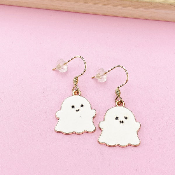 Gold Ghost Dangle Earrings, Cute Halloween Jewelry