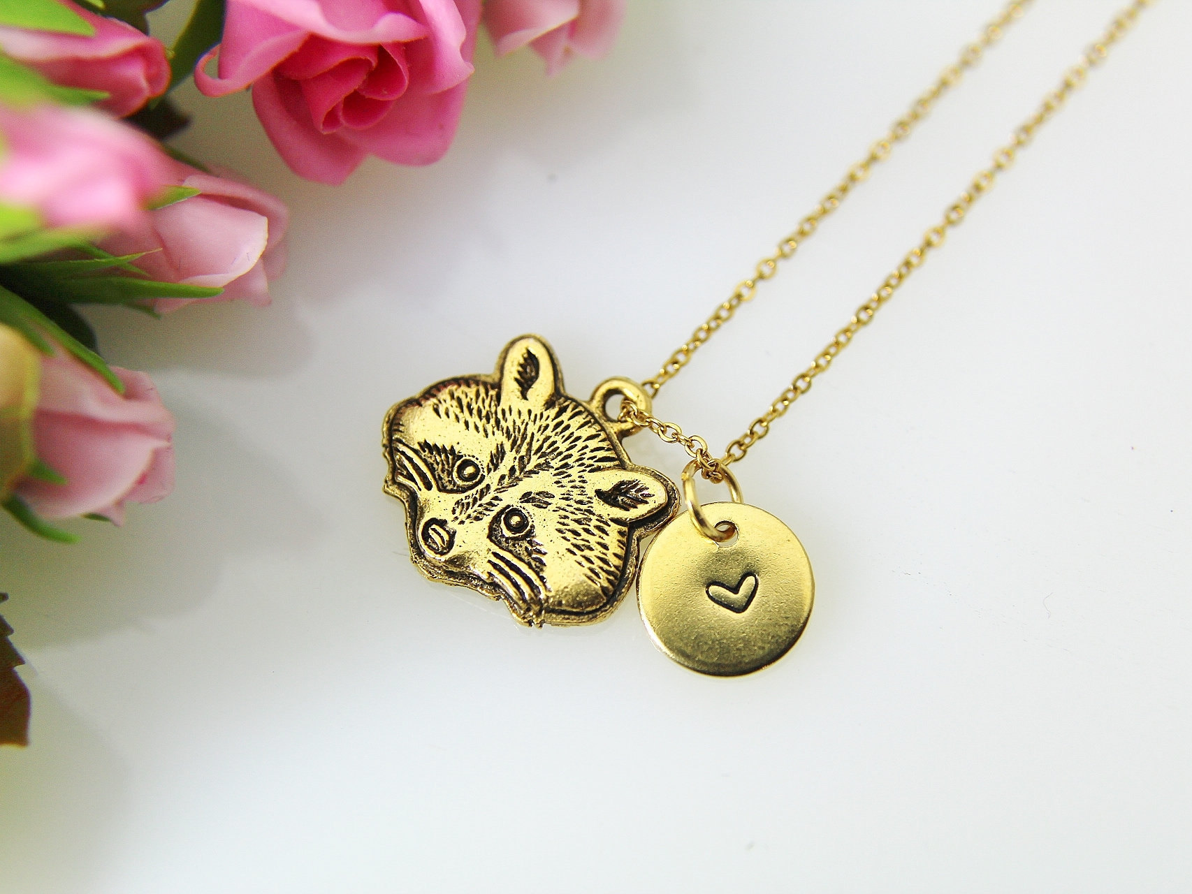 Raccoon Wildlife Fractal Necklace Custom Engraved 18k Gold Silver Circle Charm Gifts Personalized Animal Pendant Necklace