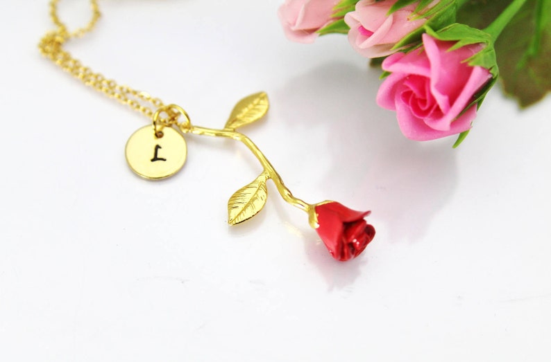 Gold Red Rose Necklace, June Birth Month Flower Jewelry, June Birthday Jewelry Gift 