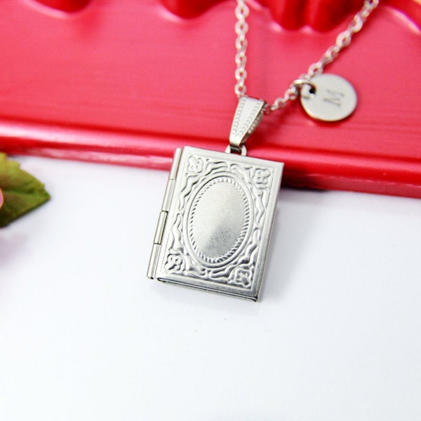 Silver Book Locket Charm Necklace, Stainless Steel Chain Necklace, Personalized Jewelry, L005