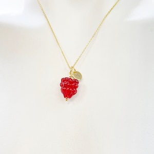 Gold Red Raspberry Necklace, Handmade Lampwork Raspberry Charm, Personized Customized Initial Necklace, N5304A