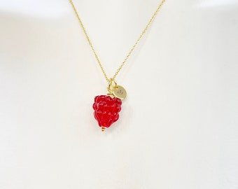 Gold Red Raspberry Necklace, Handmade Lampwork Raspberry Charm, Personized Customized Initial Necklace, N5304A