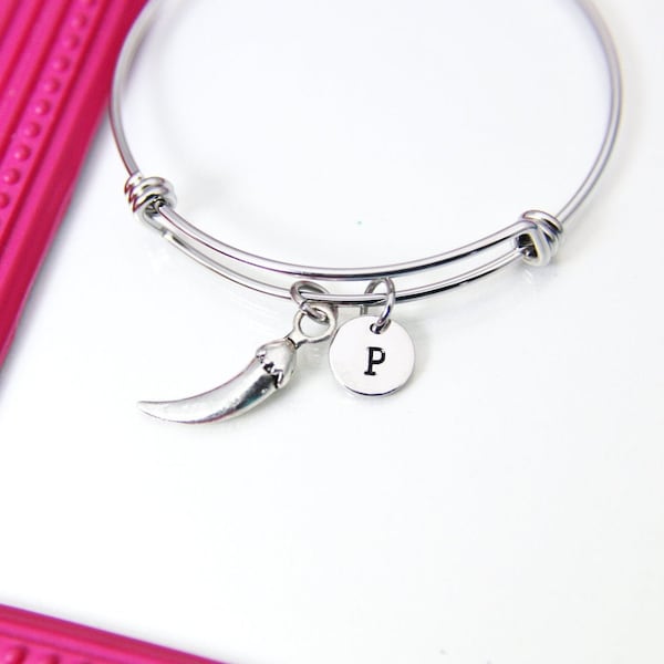 Silver Hot Chili Pepper Charm Bracelet, Food Vegetable Charm, Stainless Steel Bangle, Personalized Custom Monogram, N2308