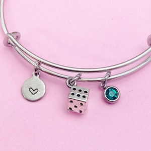 Silver Dice Charm Bracelet Gamer Luck Club Gifts Ideas Personalized Customized Made to Order Jewelry, N1302