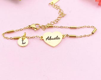 Gold Abuela Heart Bracelet, Personalized Initial Charm, D575