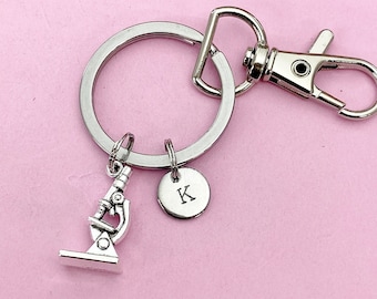 Silver Microscope Keychain, Initial Charm, Science Gift