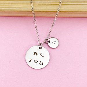 PS I Love You Necklace, Silver or Gold PS. I Heart U Charm, Boyfriends Girlfriend Valentine Gifts, Anniversary Gifts, Love Jewelry, N1102