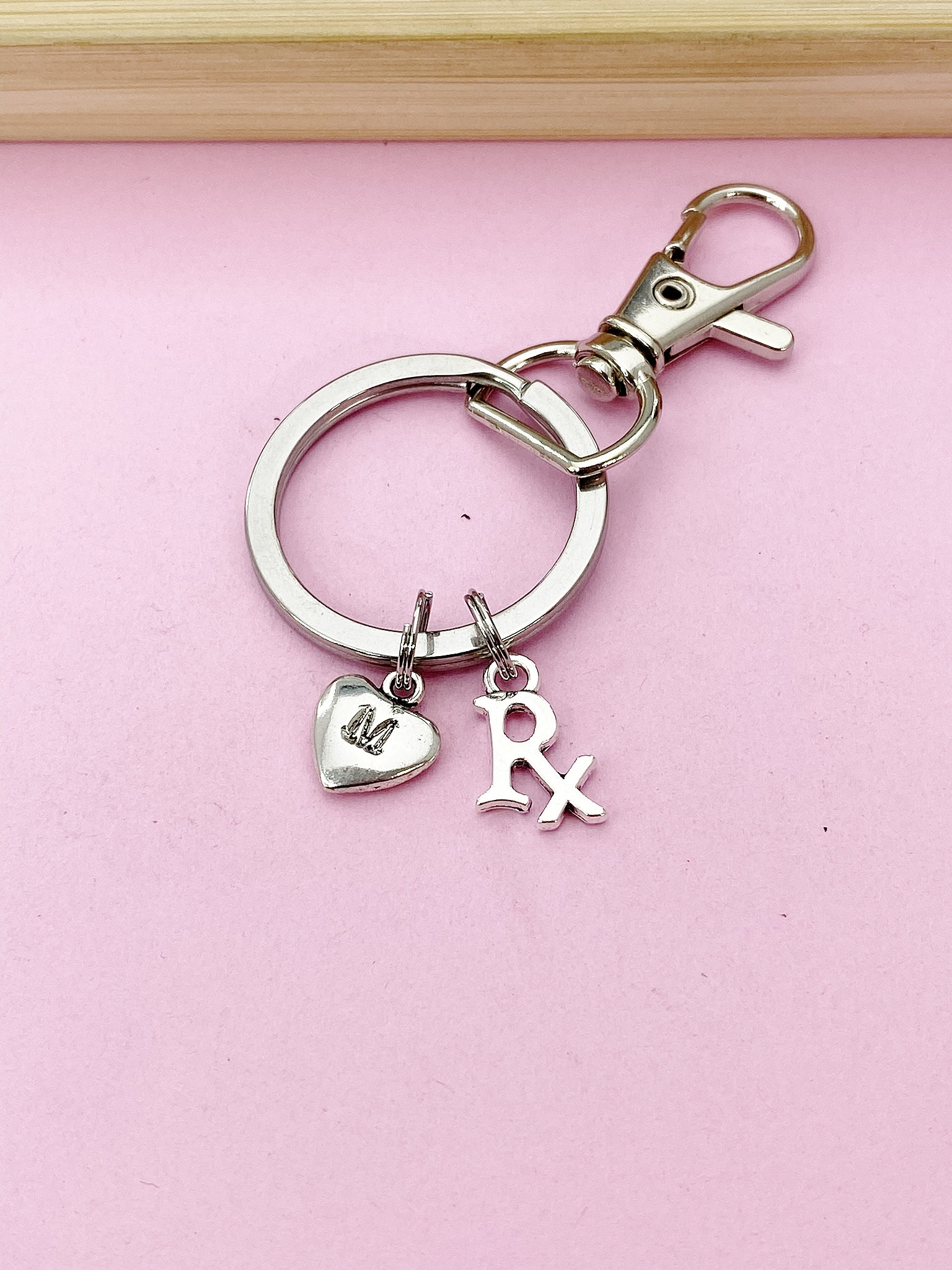 Silver RX Keychain, Personalized Initial Gift, N2239T